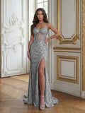 Silver Sequin Sheath Column Sweetheart Lace Up Back Floor Length Dress - Jimiss