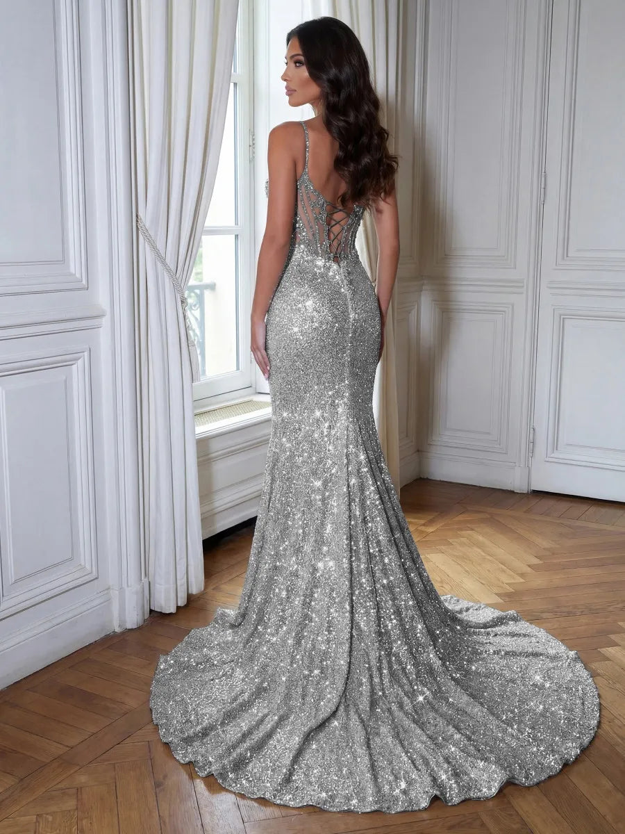 Silver Sequin Sheath Column Sweetheart Lace Up Back Floor Length Dress - Jimiss
