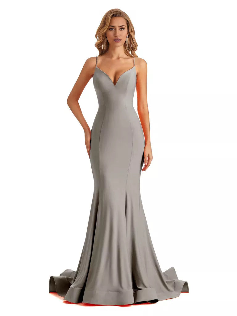 Vestido de dama de honor largo, formal, sin mangas, con escote en V y tirantes finos, de sirena, sexy