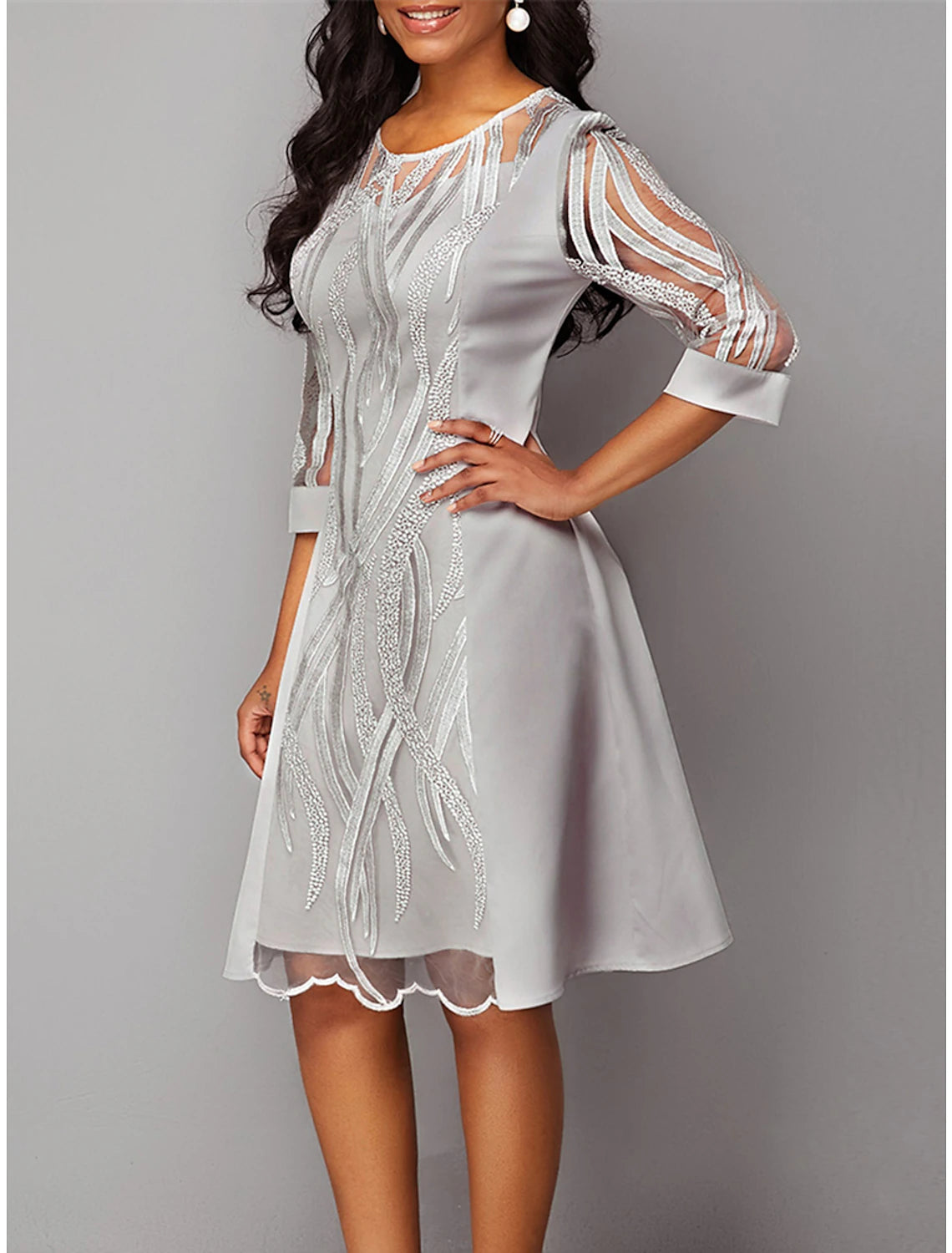 Vestido de fiesta para mujer, vestido de encaje, vestido de regreso a casa, vestido midi gris, manga 3/4, color puro, encaje, otoño invierno, cuello redondo, vestido de invitada de boda