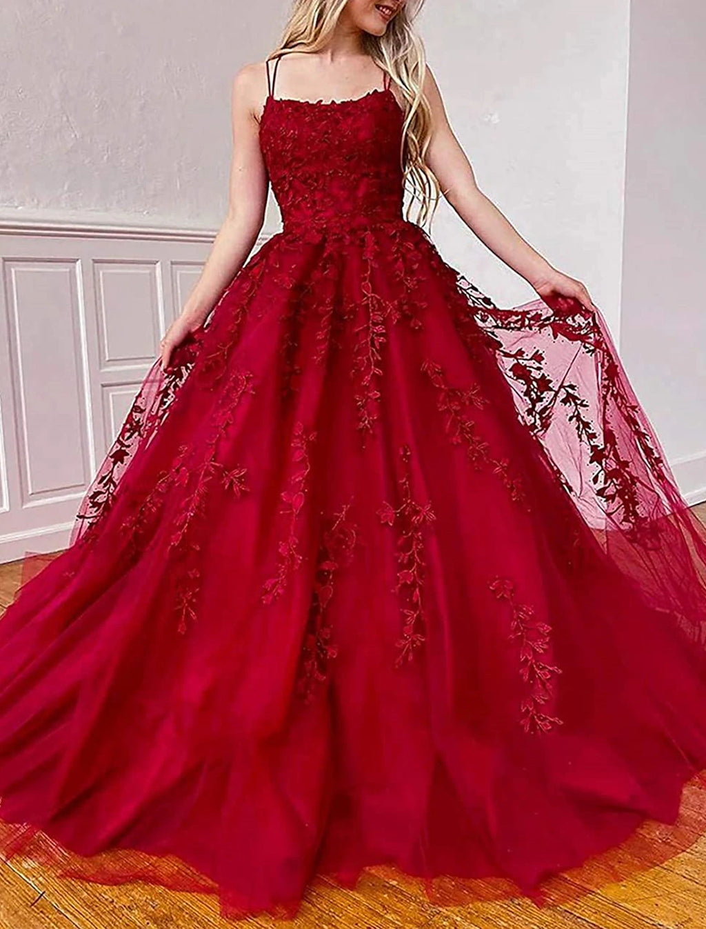 Abiti da ballo a trapezio, abiti floreali, abiti da cerimonia, da ospite, strascico a cappella, senza maniche, spalline sottili, in tulle con applicazioni