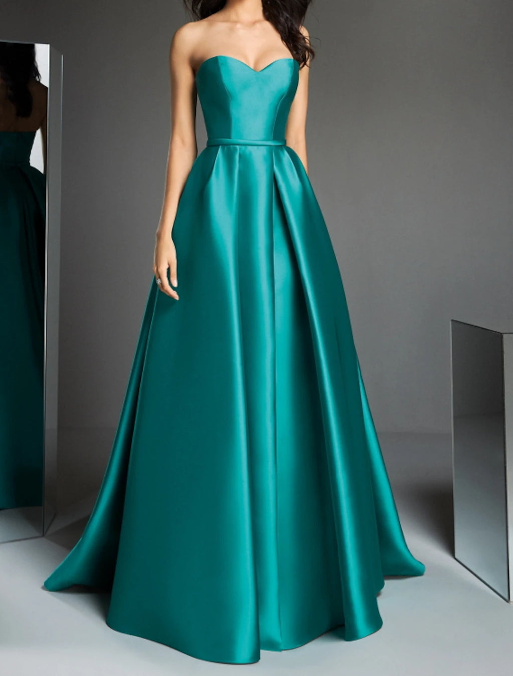 Teal Satin Sweetheart A-Line Floor-Length Bridesmaid Dress with Pleated Skirt