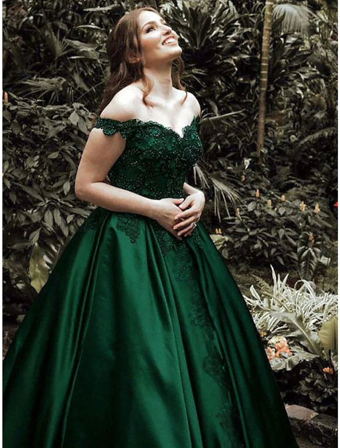 Emerald Satin Off-the-Shoulder Ball Gown Floor-Length Evening Dress