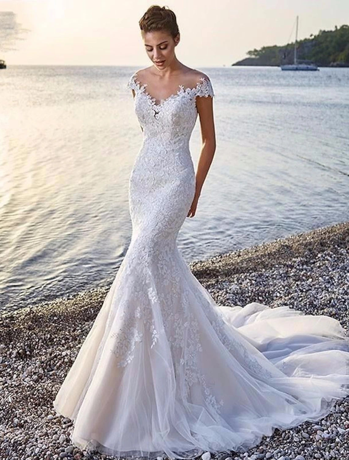 Vestidos de novia formales de playa, corte sirena/trompeta, escote redondo, hombros descubiertos, mangas cortas, cola de corte, encaje, con apliques, para bodas de verano, ropa de mujer