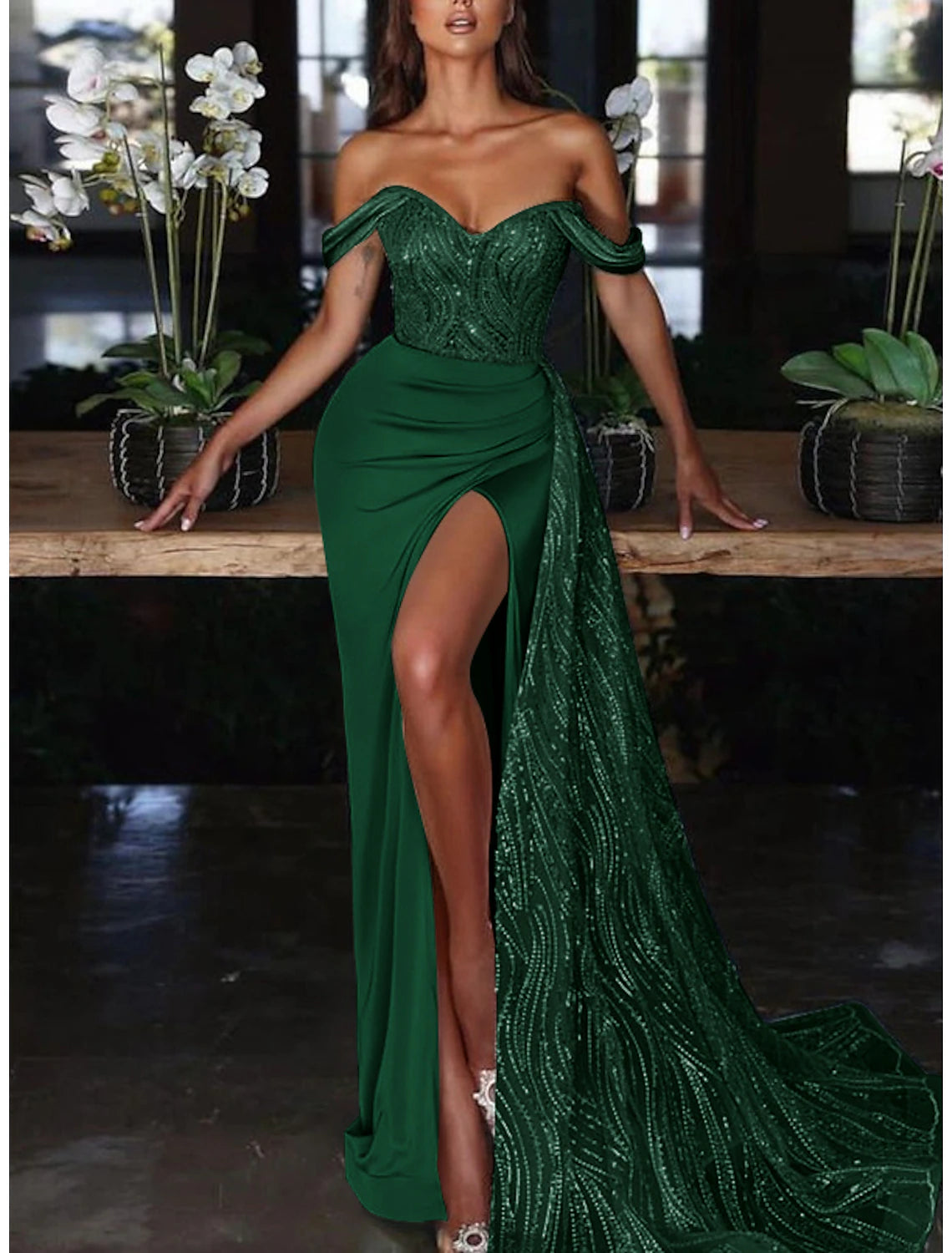 Mint Green Satin Off-the-Shoulder Sweetheart Sequin Floor-Length Evening Dress