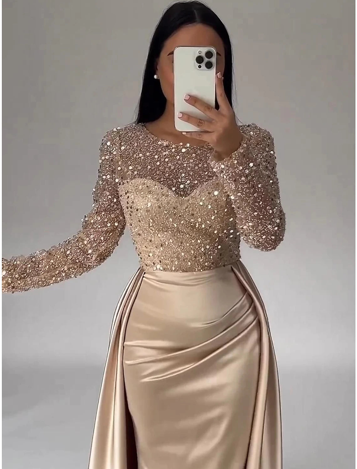 Ivory Satin Sheath/Column Gown with Illusion Sequin Sleeves