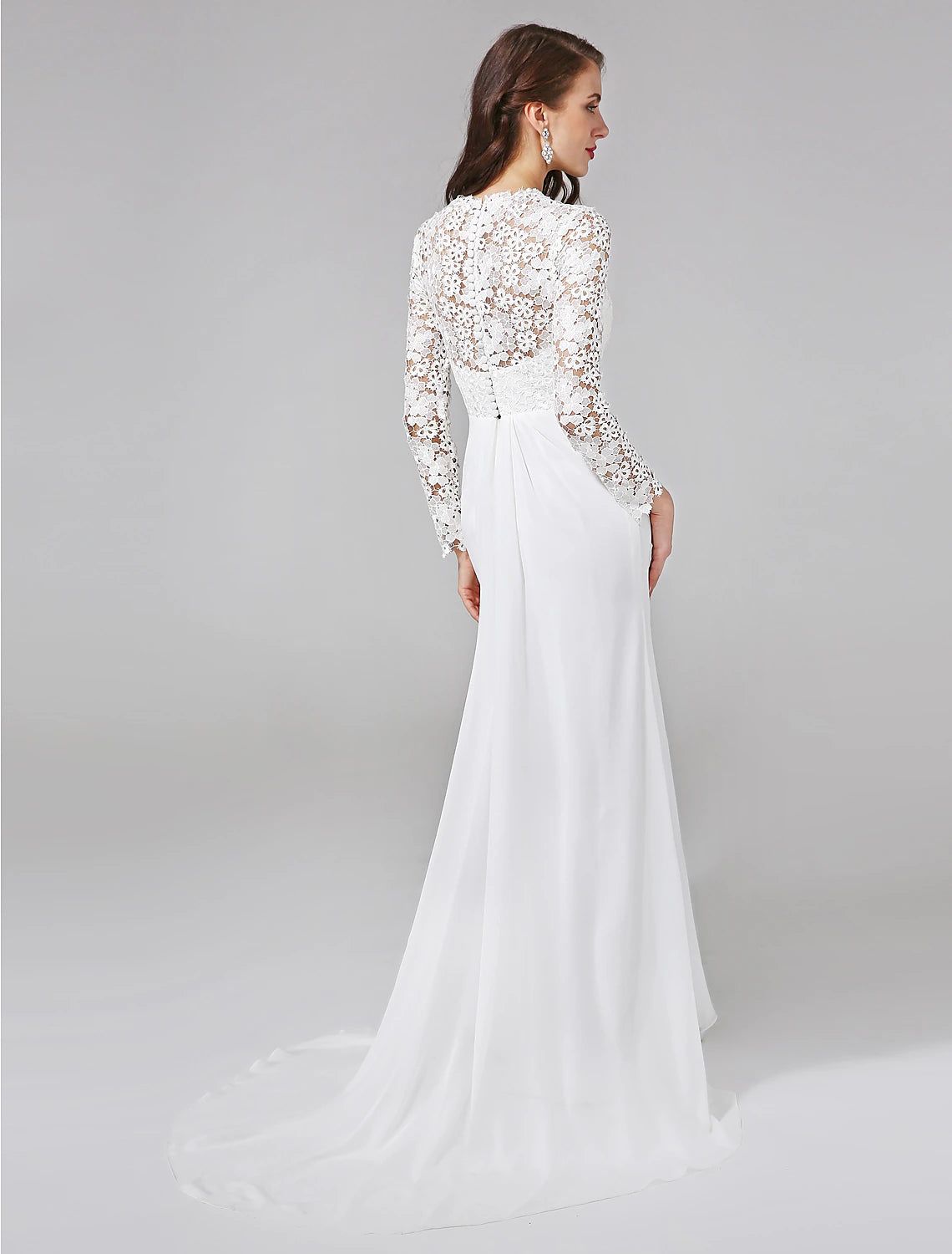 Ivory Lace Sheath/column Floor-Length Bridesmaid Dress with Deep V-Neck & Long Sleeves