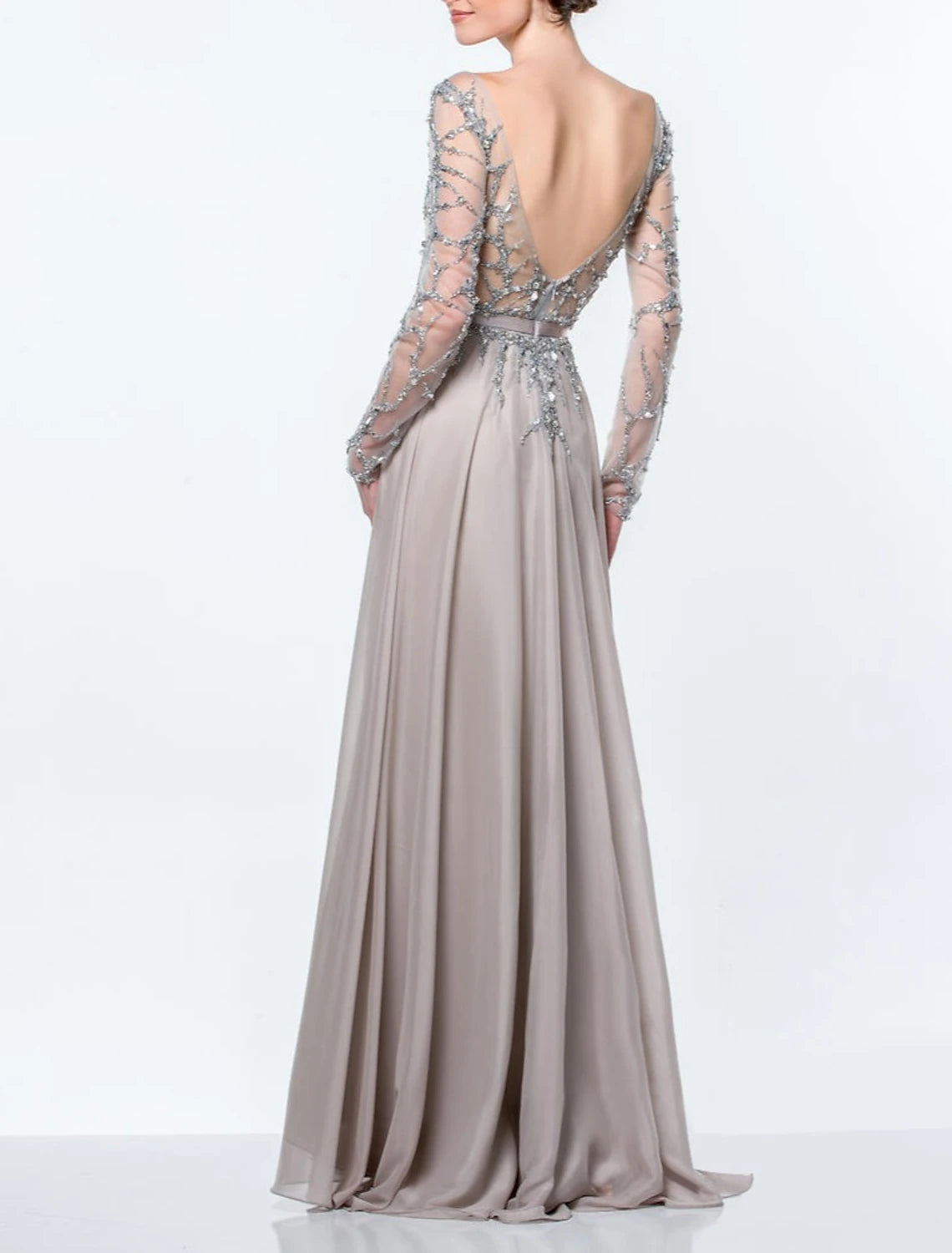 Grey Chiffon A-Line Floor-Length Dress with Embellished Sheer Boat Neck
