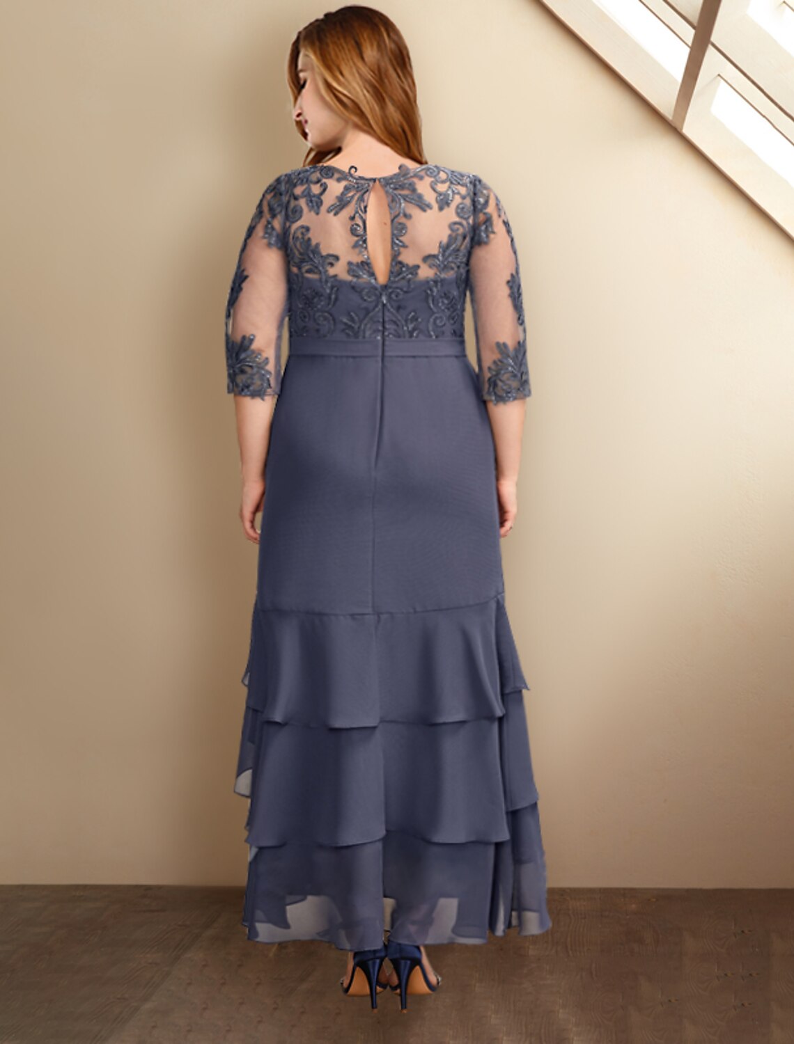 Abiti da sposa a trapezio per la madre della sposa, taglie forti, eleganti, con curve che nascondono la pancia, lunghezza alla caviglia, maniche corte, scollo a V, in chiffon con applicazioni di volant