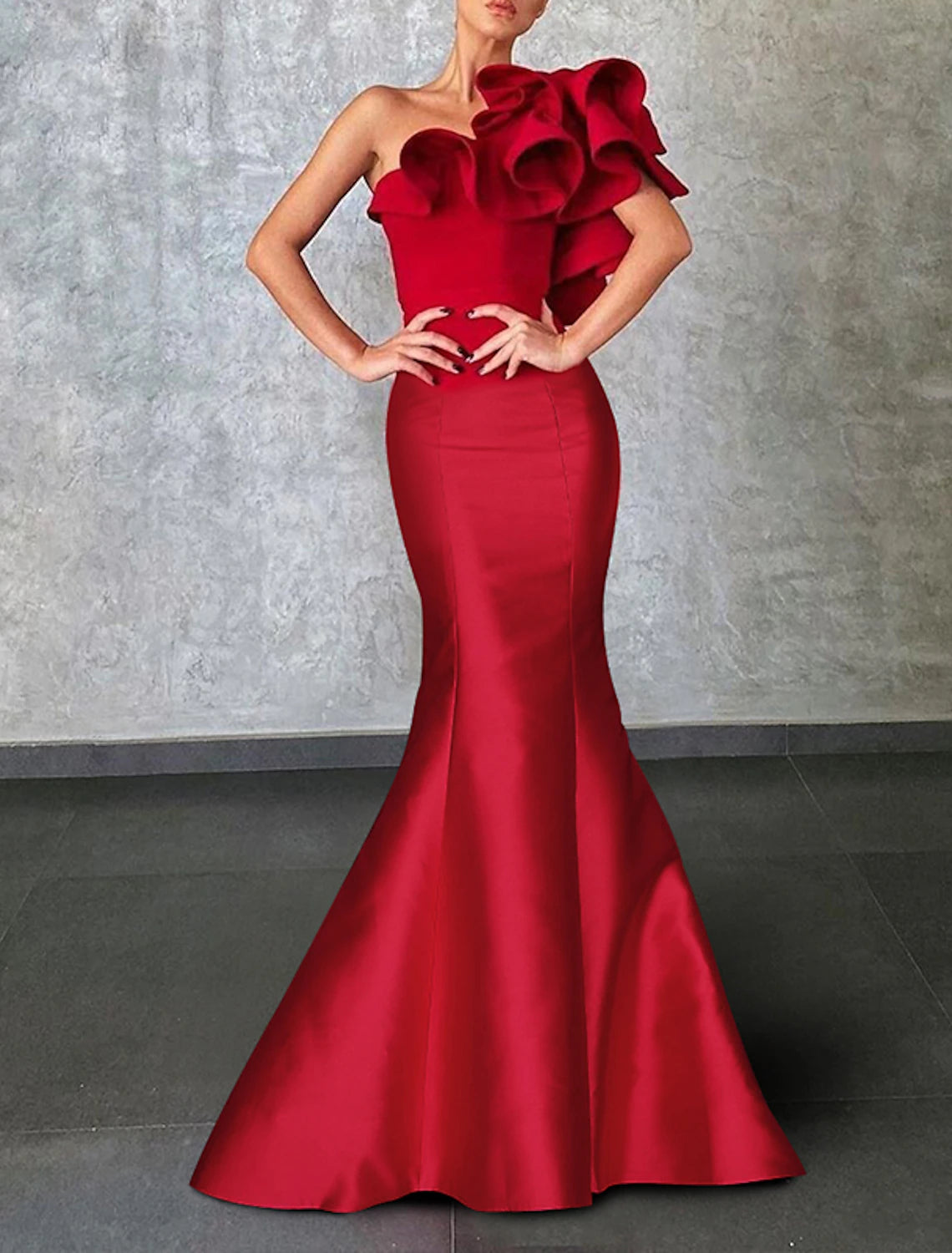 Mermaid Black Dress Christmas Red Green Dress Evening Gown Corsets Dress Christmas Red Green Dress Formal Wedding Guest Floor Length Sleeveless One Shoulder Taffeta with Ruffles Shouder Flower 2025