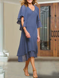 Dusty Blue Chiffon A-Line Tea-Length Bridesmaid Dress with Beaded V-Neck and Flutter Sleeves