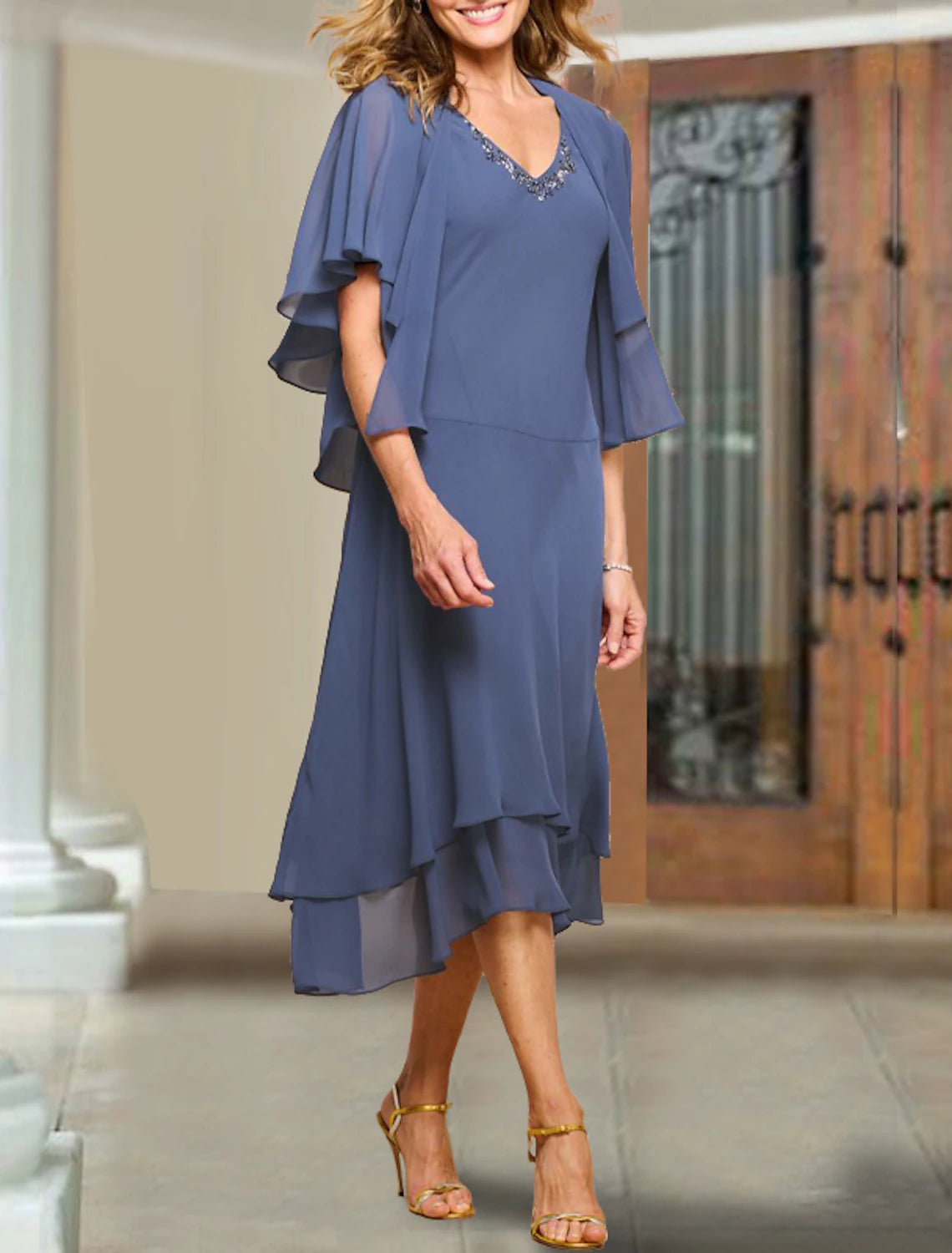 Dusty Blue Chiffon A-Line V-Neck Tea-Length Bridesmaid Dress with Flutter Sleeves