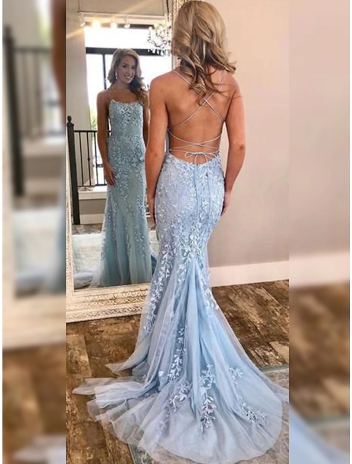 Abiti da ballo a sirena/tromba, con schiena scoperta, da ballo, da sposa, con strascico, senza maniche, con scollo all'americana, in tulle, con applicazioni