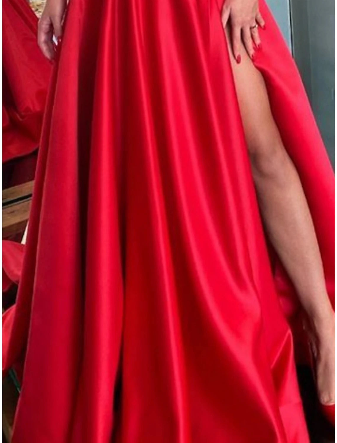 Vestido de noche de corte tubo, vestido de fiesta, vestido rojo y verde, vestido de gala de etiqueta, cola larga/cortada, media manga, hombros descubiertos, satén con abertura fruncida