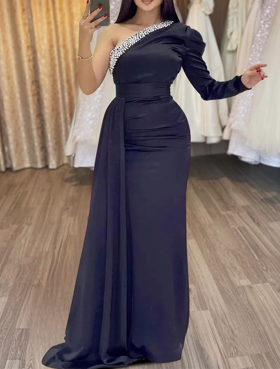 Mermaid / Trumpet Evening Gown Black Dress Dress Formal Masquerade Floor Length Long Sleeve One Shoulder Satin with Ruched Pearls