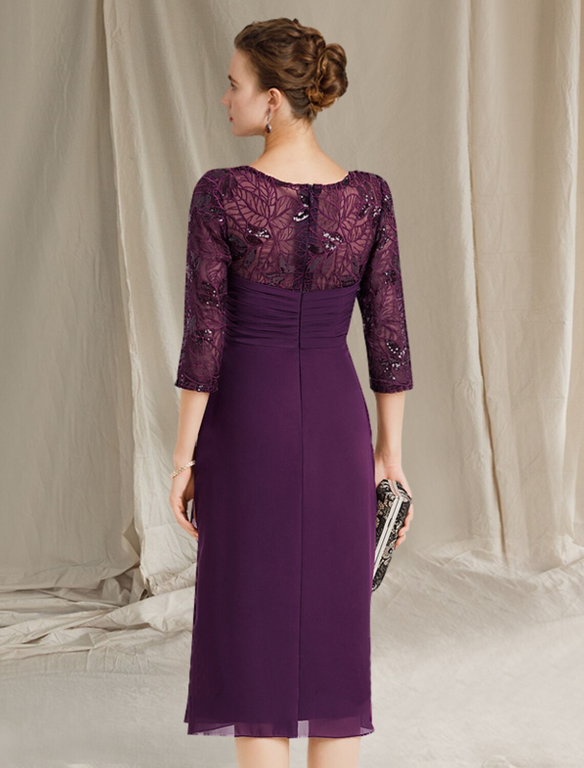 Purple Chiffon Tea-Length Evening Dress - Sheath/column Boat Neck with Sequined Lace Bodice