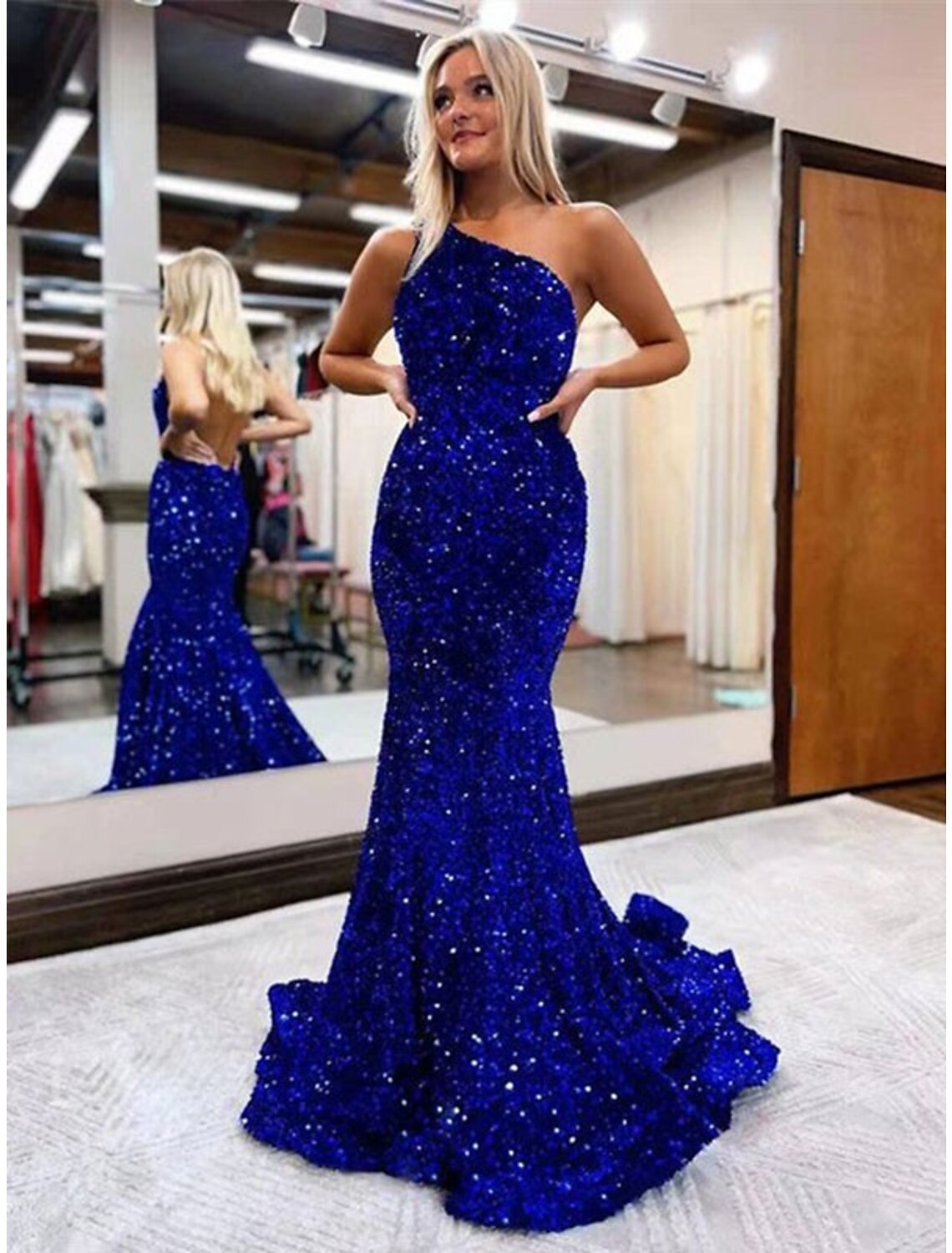 Vestidos de fiesta de sirena/trompeta con brillo y brillo, vestido formal para invitados de boda, largo hasta el suelo, sin mangas, un hombro con lentejuelas y espalda descubierta con lentejuelas