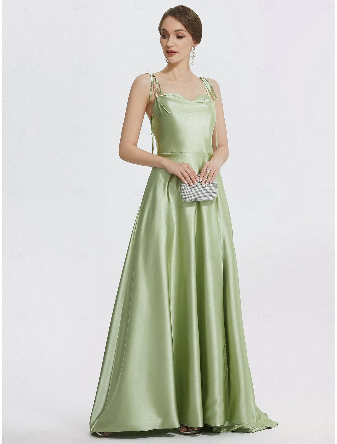 Vestido de noche elegante de corte A, vestido formal de graduación, largo hasta el suelo, sin mangas, tirantes finos, satén con abertura fruncida y tiras
