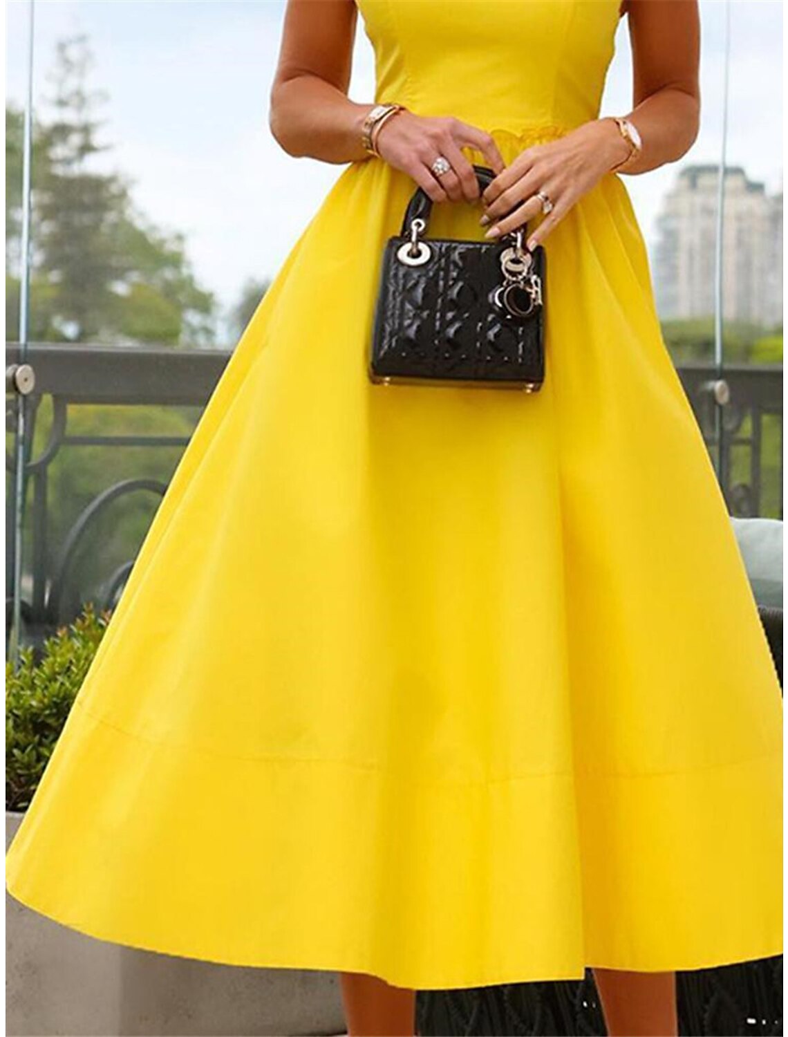 Vestido de fiesta para mujer, vestido de regreso a casa, vestido de cóctel, vestido midi amarillo, sin mangas, color puro, fruncido, verano, primavera, cuello redondo, moda, para invitadas de boda, vacaciones, vestido de verano