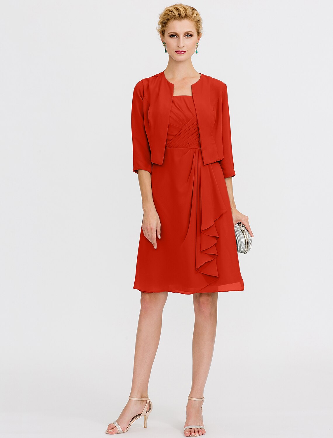 Abito da sposa a trapezio, elegante, corto/mini, in chiffon, senza maniche, con pieghe e perline, due pezzi, formale