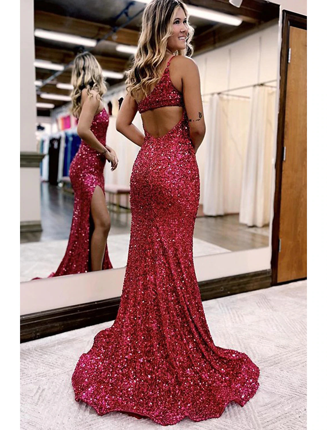 Red Sequin One Shoulder Mermaid Floor-Length Evening Dress with High Slit