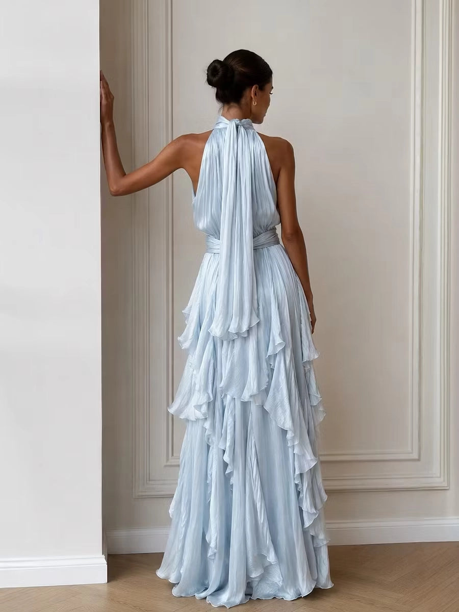 Sky Blue Chiffon a-line halter tie-back floor-length Dress Back View - Jimiss
