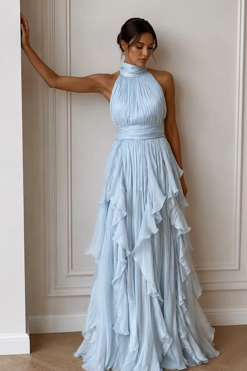 Sky Blue Chiffon a-line halter tie-back floor-length Dress Front View - Jimiss
