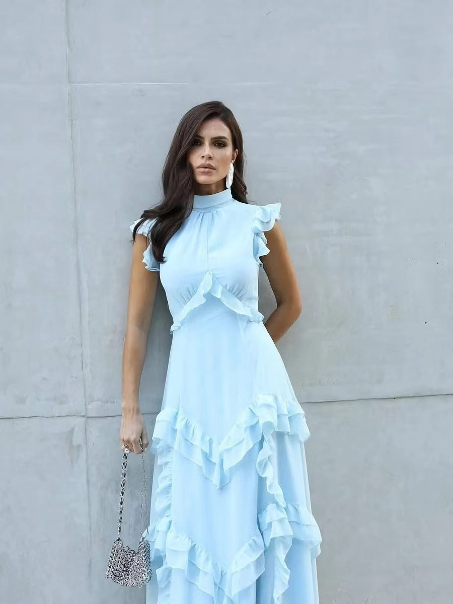Sky Blue Chiffon a-line high-neck high-back floor-length Dress Detail - Jimiss