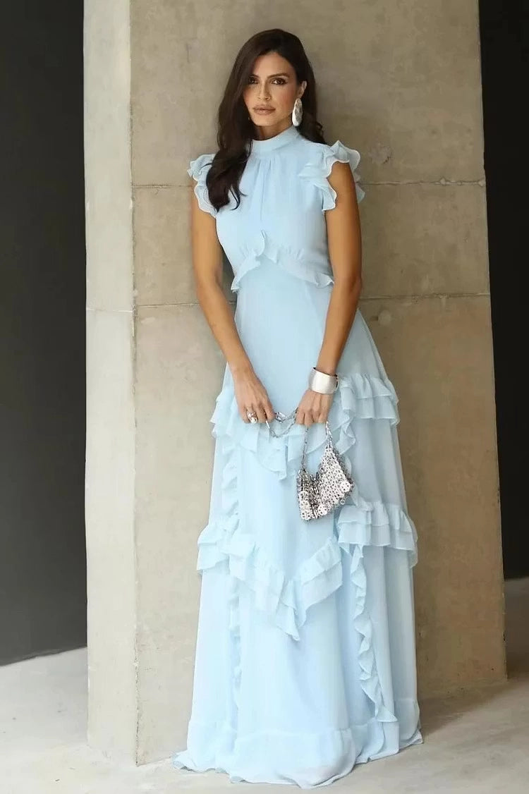 Sky Blue Chiffon a-line high-neck high-back floor-length Dress Front View - Jimiss
