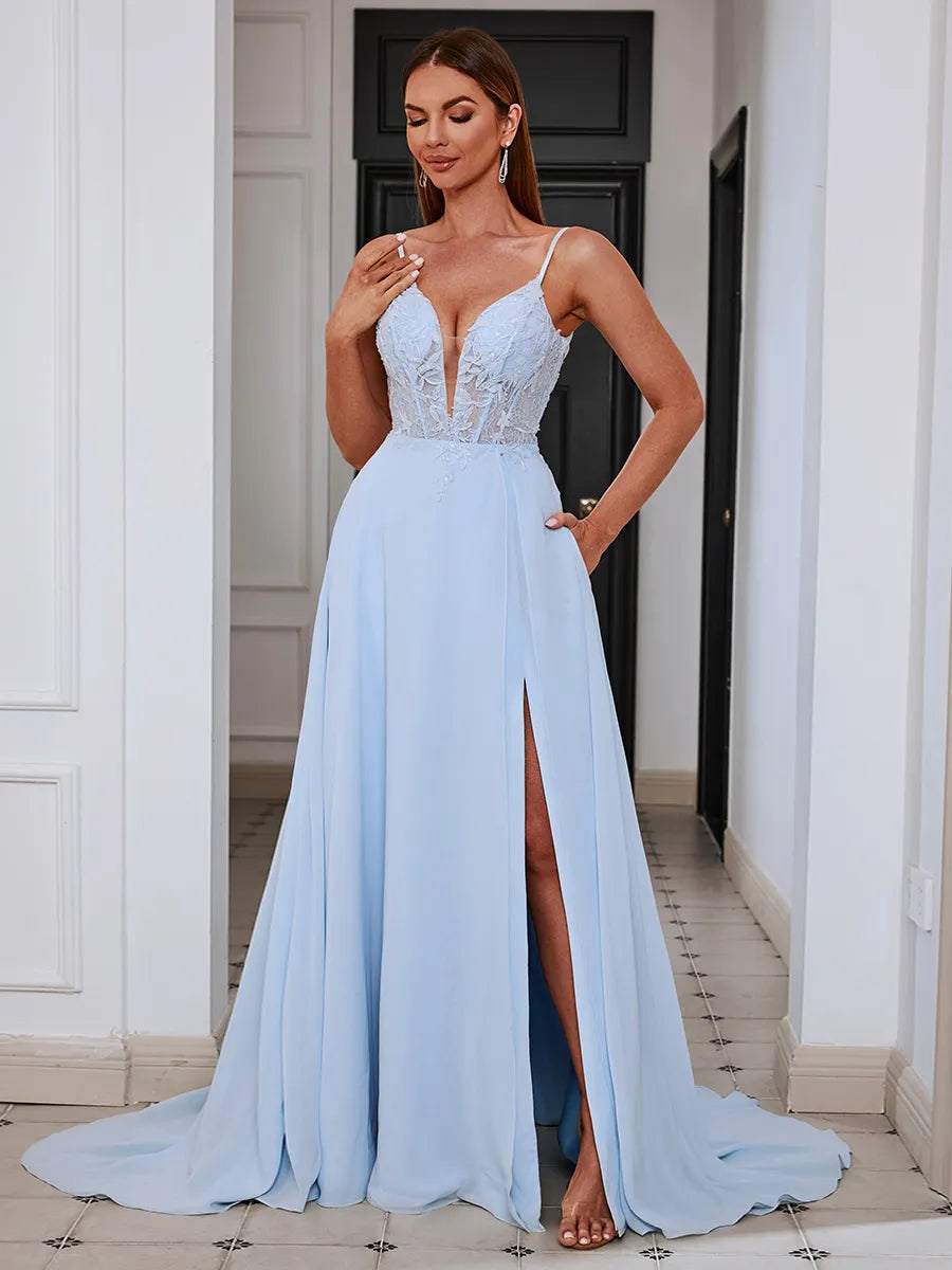 Sky Blue Chiffon A-Line Plunging V-Neck V-Back Floor-Length Dress - Jimiss