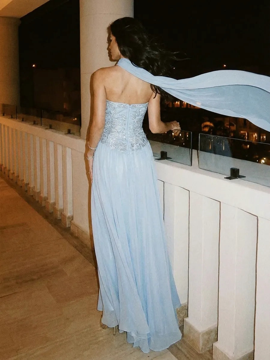 Sky Blue Chiffon a-line strapless zipper-back floor-length Dress Back View - Jimiss