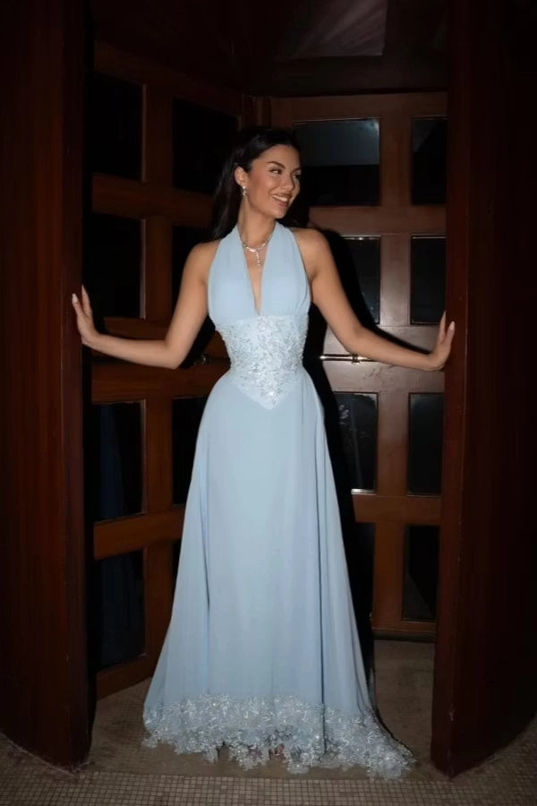 Sky Blue Chiffon and Lace A-Line Halter Low Back Floor Length Dress Front View - Jimiss