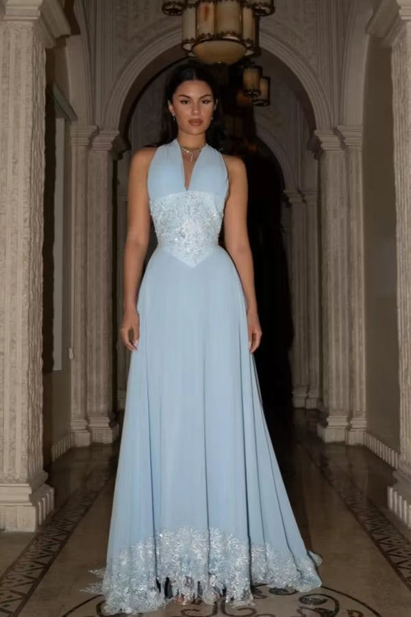 Sky Blue Chiffon and Lace A-Line Halter Low Back Floor Length Dress Front View - Jimiss
