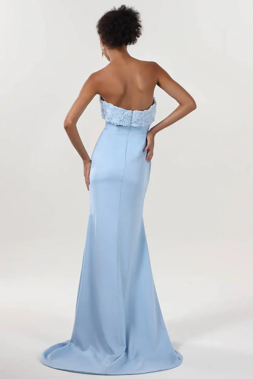 Sky Blue Crepe Mermaid Straight Across Zipper Back Floor-Length Dress Back View - Jimiss