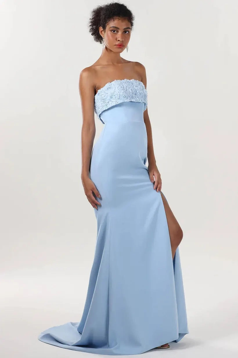Sky Blue Crepe Mermaid Straight Across Zipper Back Floor-Length Dress Detail - Jimiss