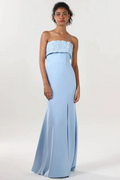 Sky Blue Crepe Mermaid Straight Across Zipper Back Floor-Length Dress Front View - Jimiss