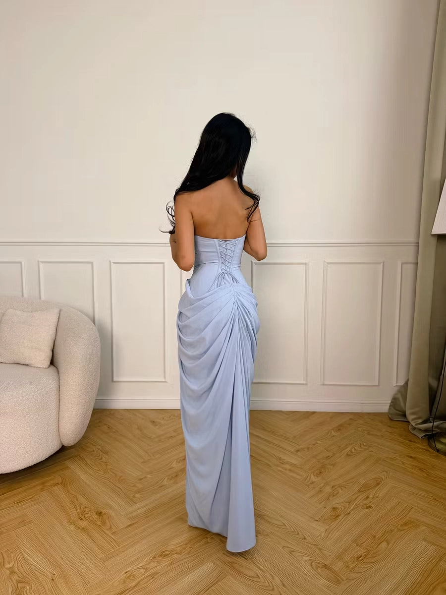 Sky Blue Crepe Sheath Column Straight Across Lace Up Back Floor Length Dress Back View - Jimiss