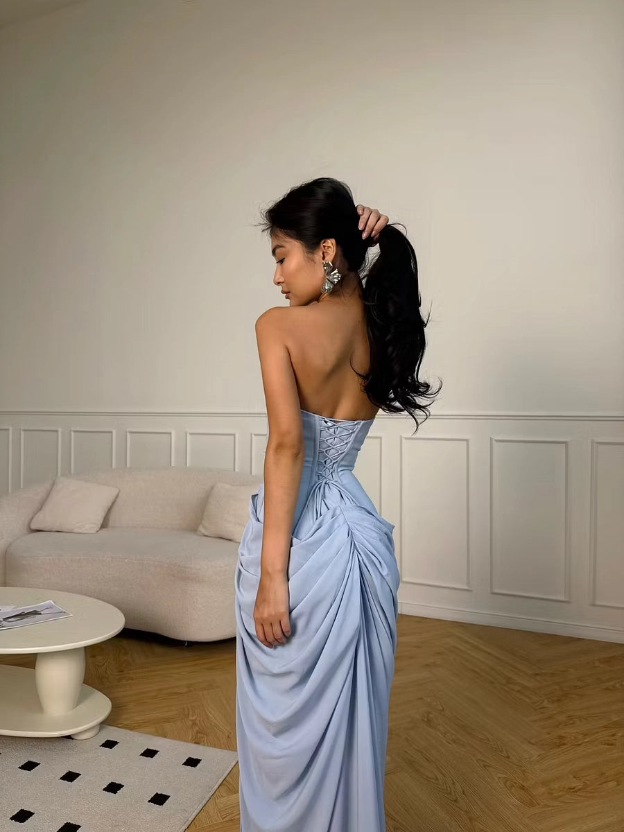 Sky Blue Crepe Sheath Column Straight Across Lace Up Back Floor Length Dress Detail - Jimiss