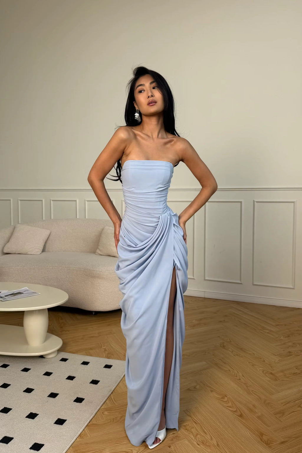 Sky Blue Crepe Sheath Column Straight Across Lace Up Back Floor Length Dress Front View - Jimiss