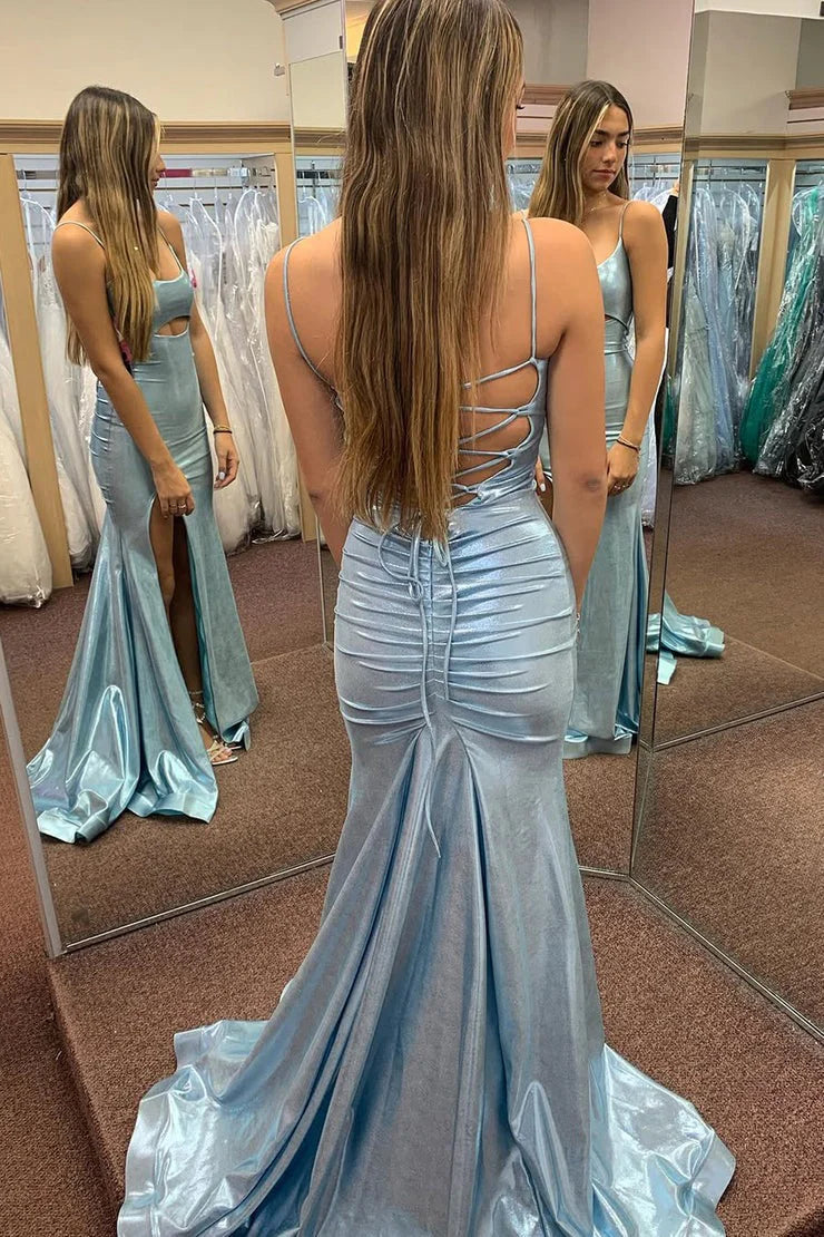 Sky Blue Glitter Fabric Mermaid Scoop Neck Lace Up Back Floor-Length Dress - Jimiss