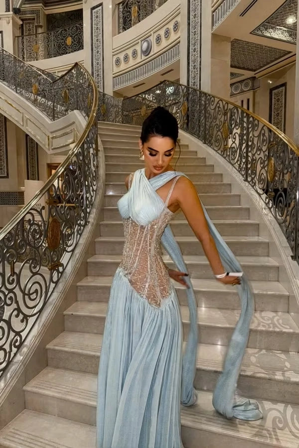 Sky Blue Glitter Fabric & Mesh A-Line One Shoulder Floor Length Dress Detail - Jimiss