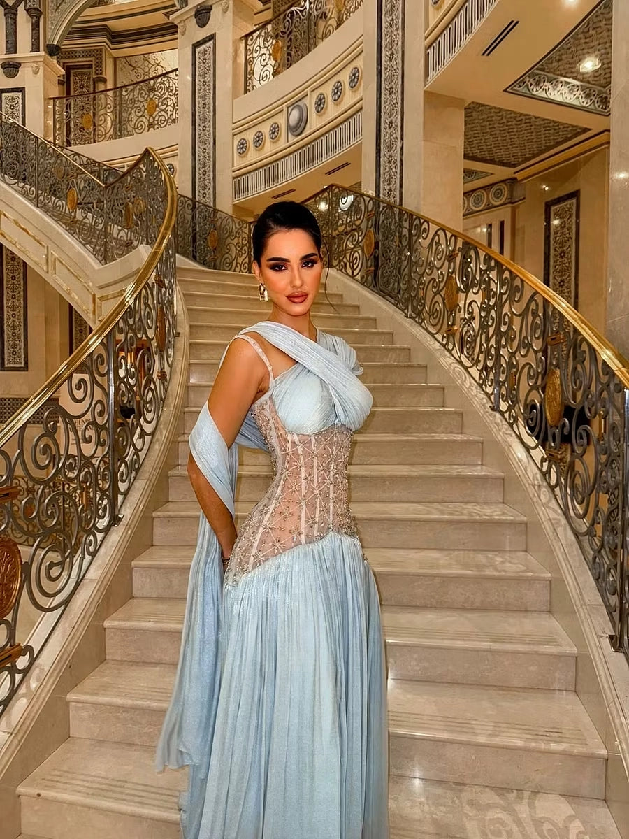 Sky Blue Glitter Fabric & Mesh A-Line One Shoulder Floor Length Dress Front View - Jimiss