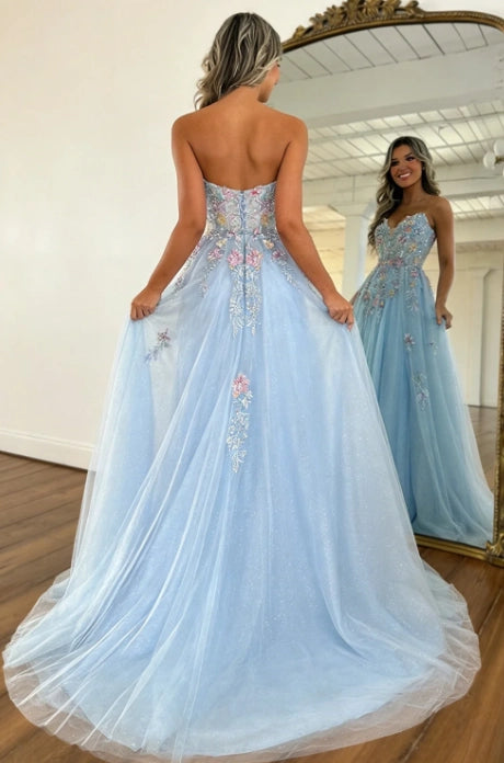 Sky Blue Glitter Tulle A-Line Sweetheart Zipper Back Floor-Length Dress Back View - Jimiss