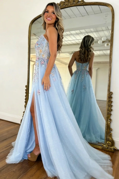 Sky Blue Glitter Tulle A-Line Sweetheart Zipper Back Floor-Length Dress Detail - Jimiss