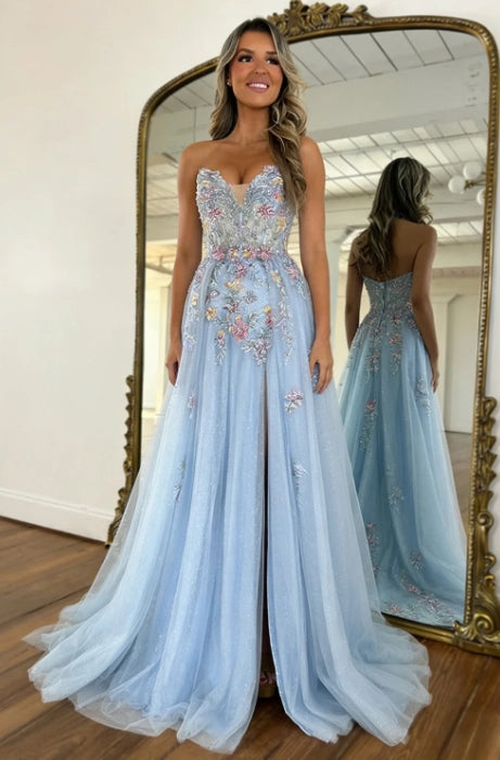 Sky Blue Glitter Tulle A-Line Sweetheart Zipper Back Floor-Length Dress Front View - Jimiss