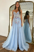 Sky Blue Glitter Tulle A-Line Sweetheart Zipper Back Floor-Length Dress Front View - Jimiss