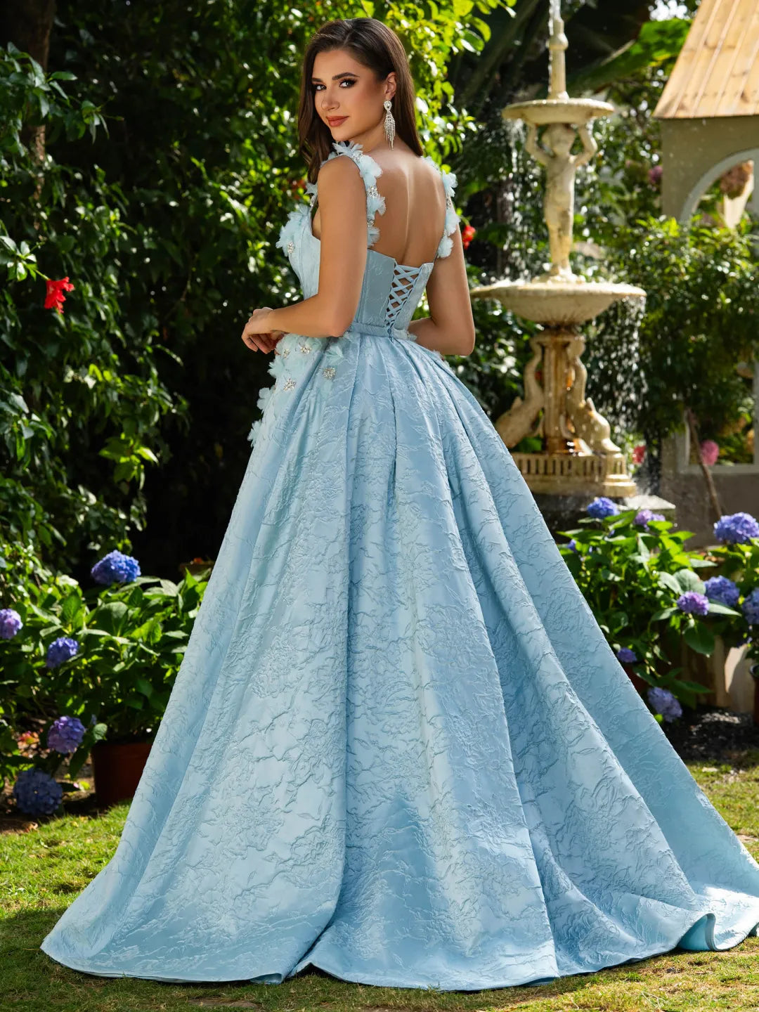 Sky Blue Jacquard ball-gown scoop-neck lace-up-back floor-length Dress Back View - Jimiss