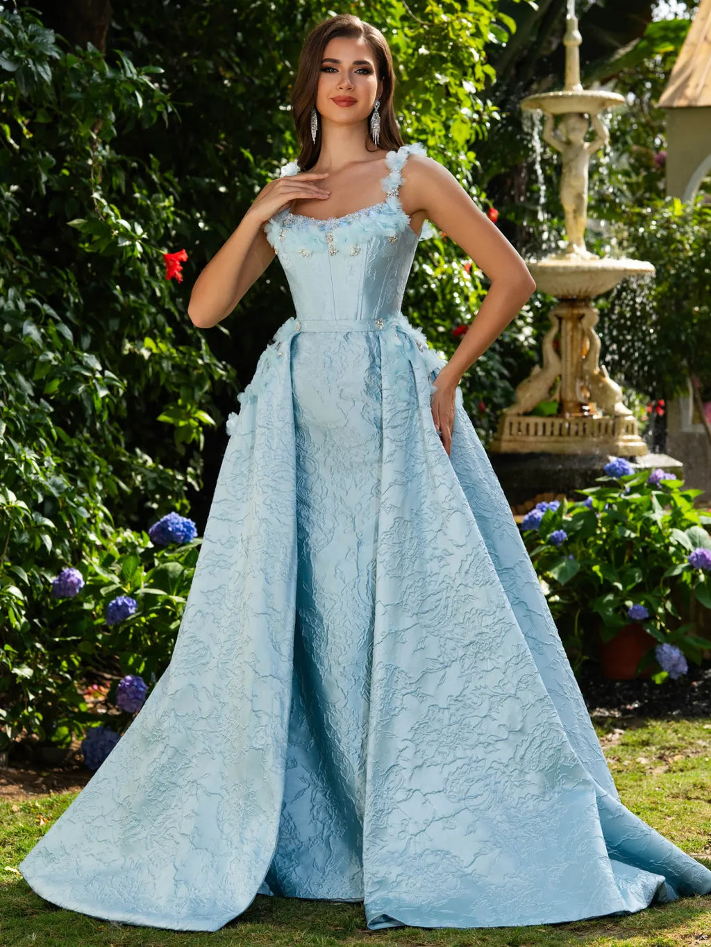 Sky Blue Jacquard ball-gown scoop-neck lace-up-back floor-length Dress Front View - Jimiss