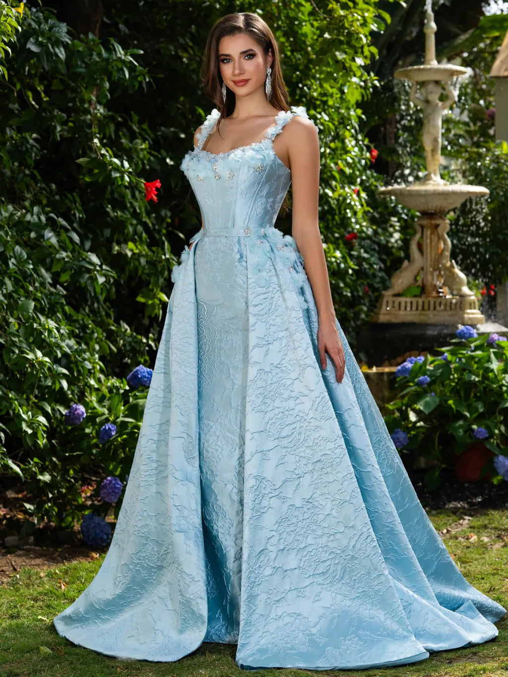 Sky Blue Jacquard ball-gown scoop-neck lace-up-back floor-length Dress - Jimiss