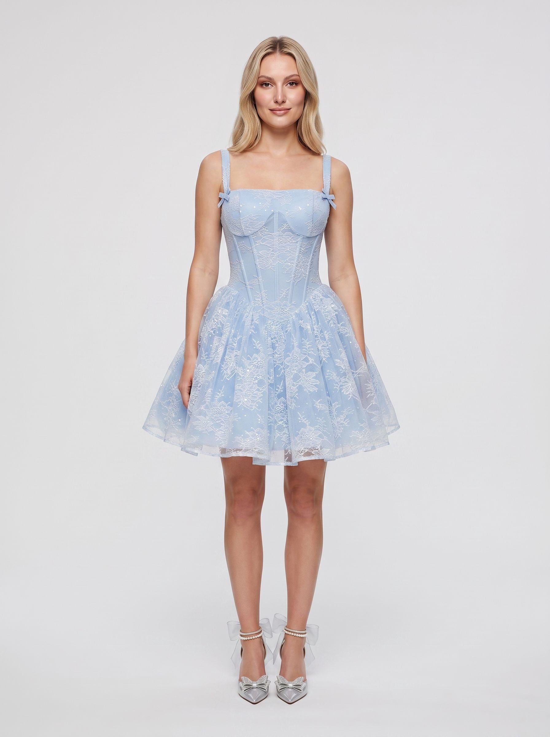Sky Blue Lace and Tulle A-Line Straight Across Lace-up Back Mini Dress - Jimiss